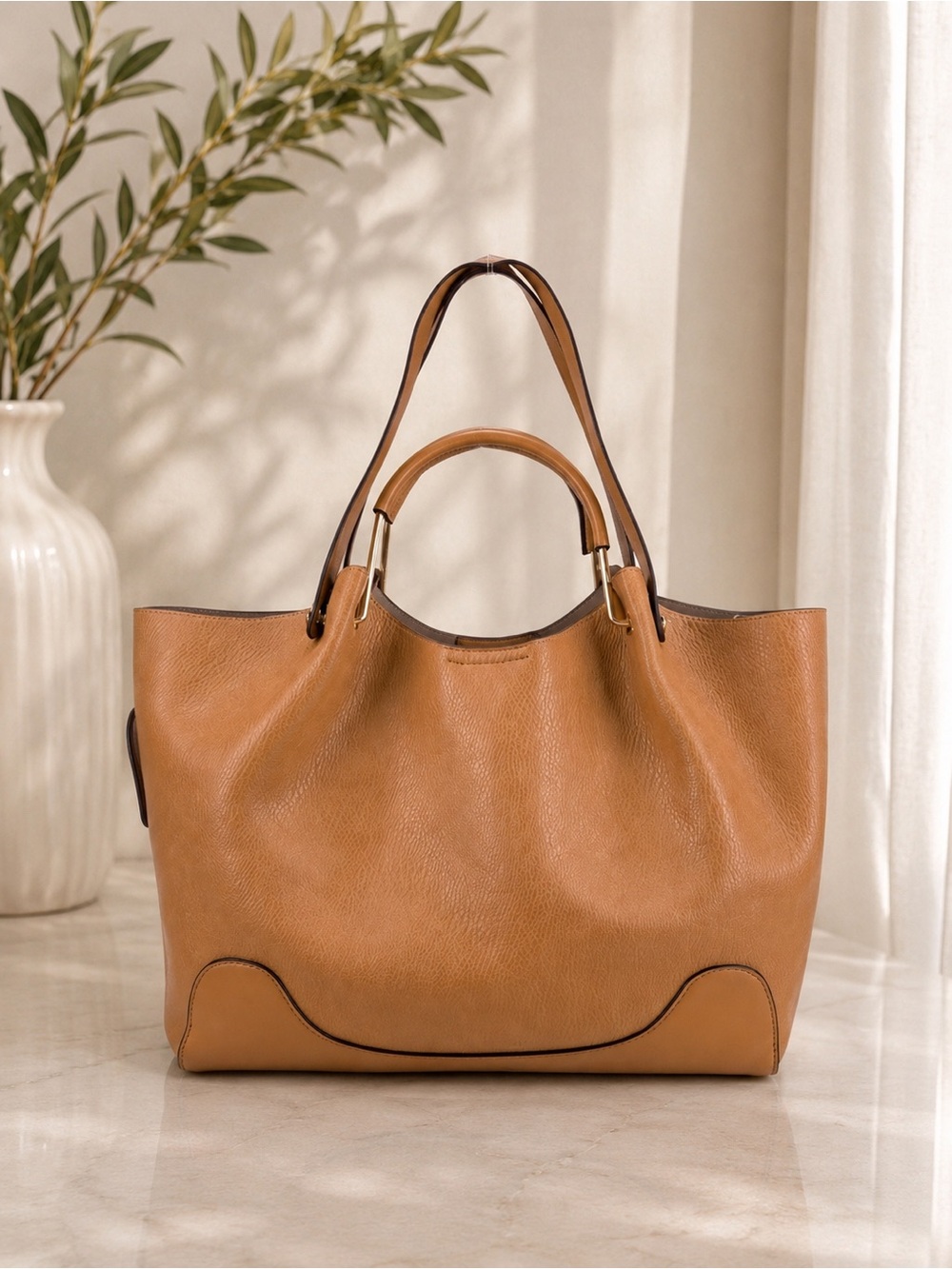 Sondra Roberts Tan Pebbled Leather Large Structured Tote Shoulder Carryall Bag